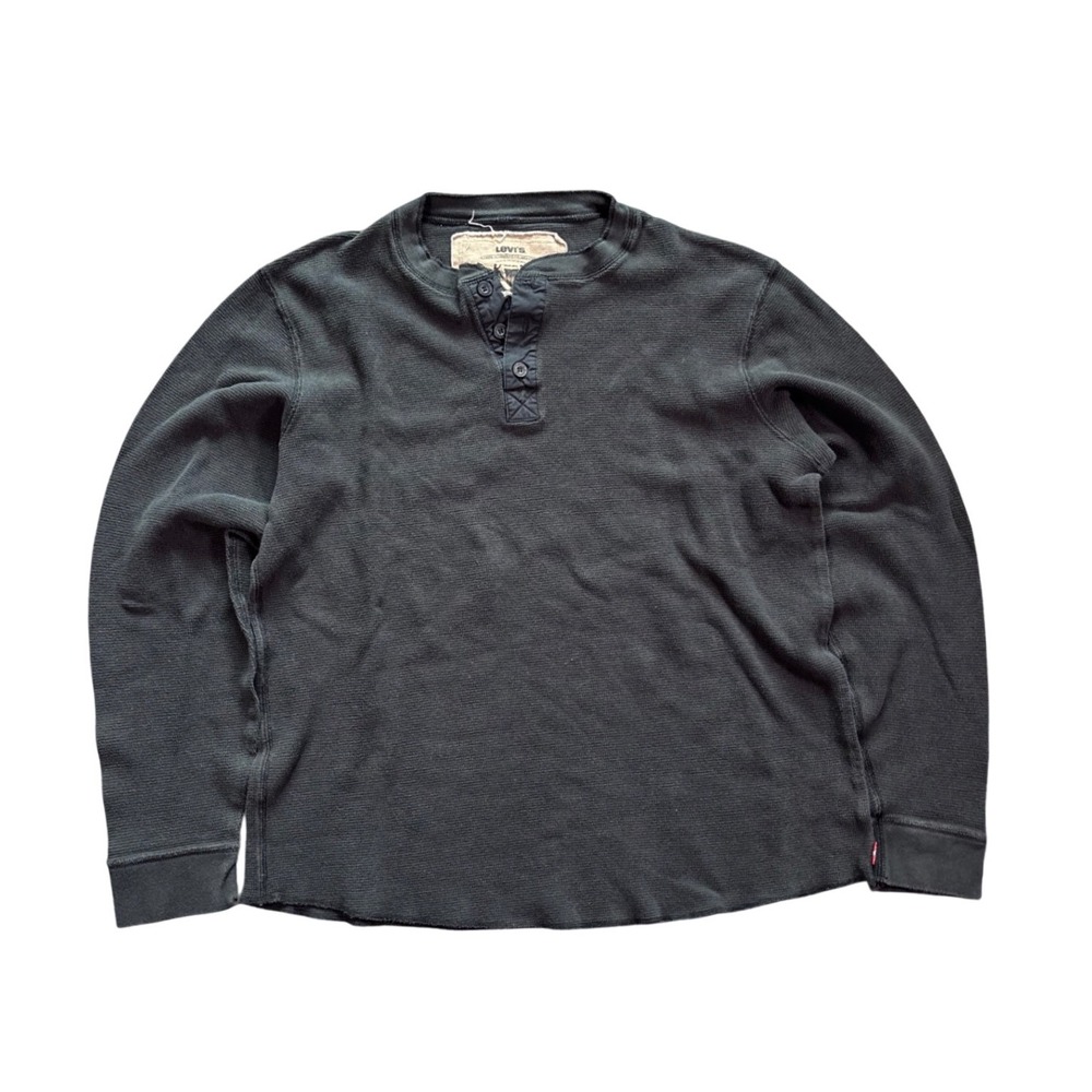 Y2K Levi's Black Raw Hem Henley Thermal Long Sleeve Shirt Size L
